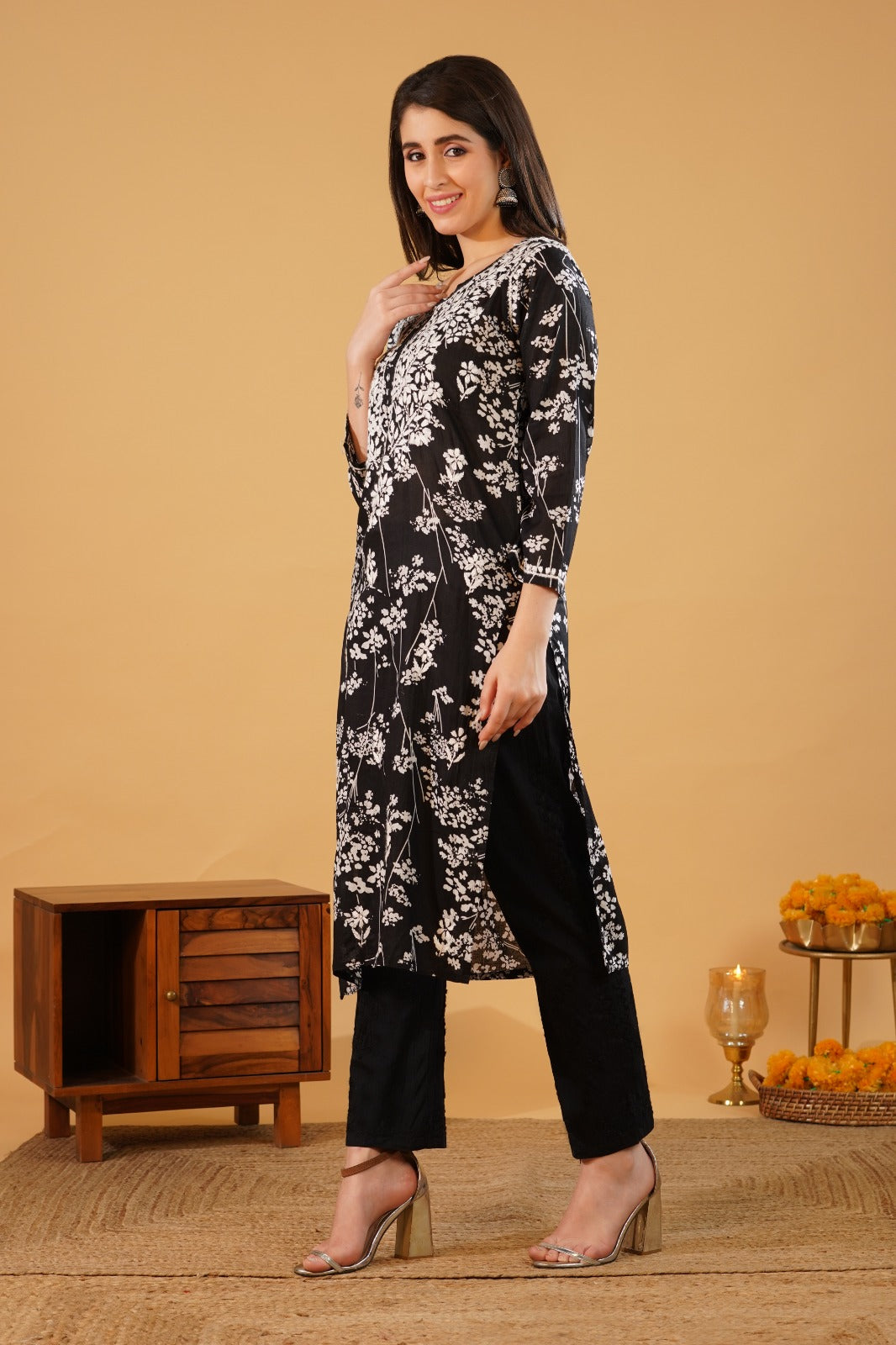 Sidra Pure Mulmul Chikankari Handwork Kurti - Black Colour