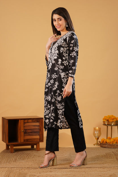 Sidra Pure Mulmul Chikankari Handwork Kurti - Black Colour