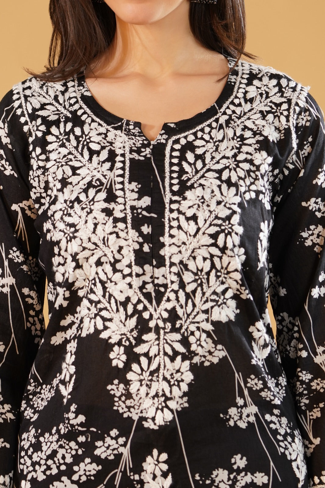 Sidra Pure Mulmul Chikankari Handwork Kurti - Black Colour