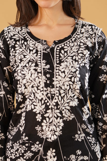 Sidra Pure Mulmul Chikankari Handwork Kurti - Black Colour