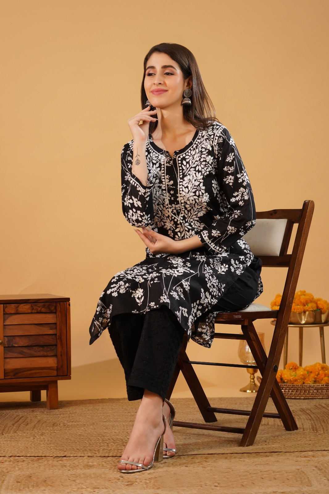 Sidra Pure Mulmul Chikankari Handwork Kurti - Black Colour