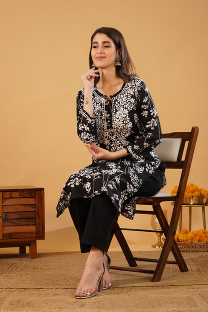 Sidra Pure Mulmul Chikankari Handwork Kurti - Black Colour