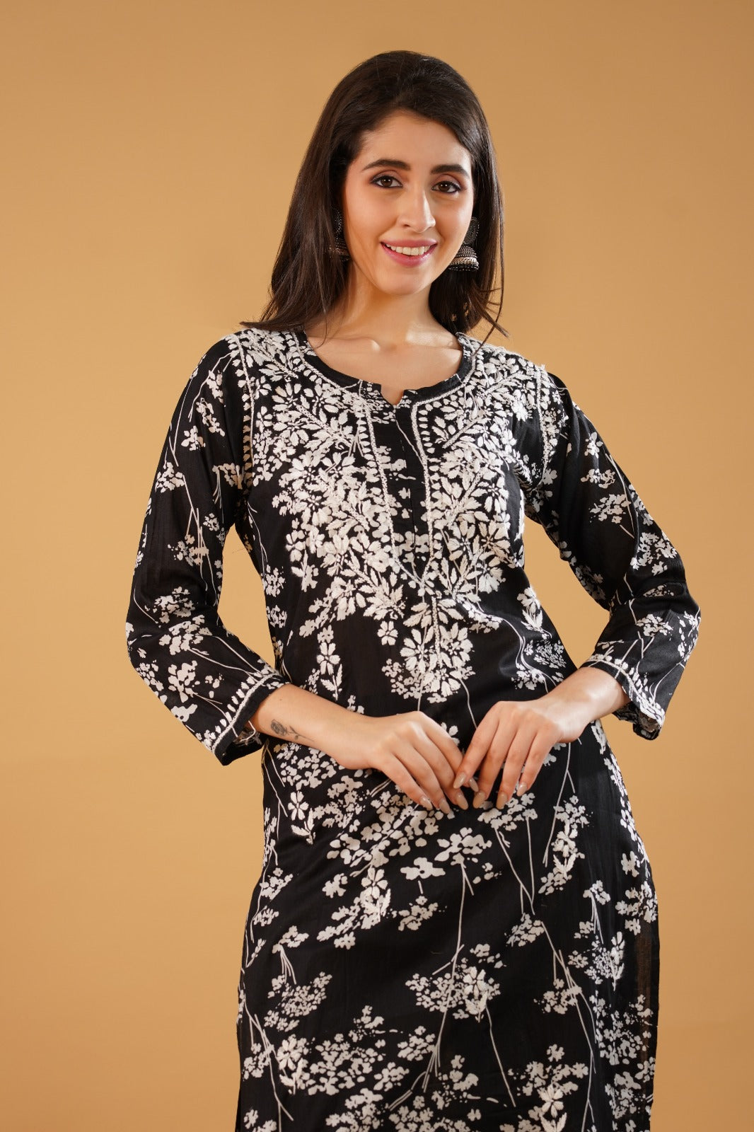 Sidra Pure Mulmul Chikankari Handwork Kurti - Black Colour