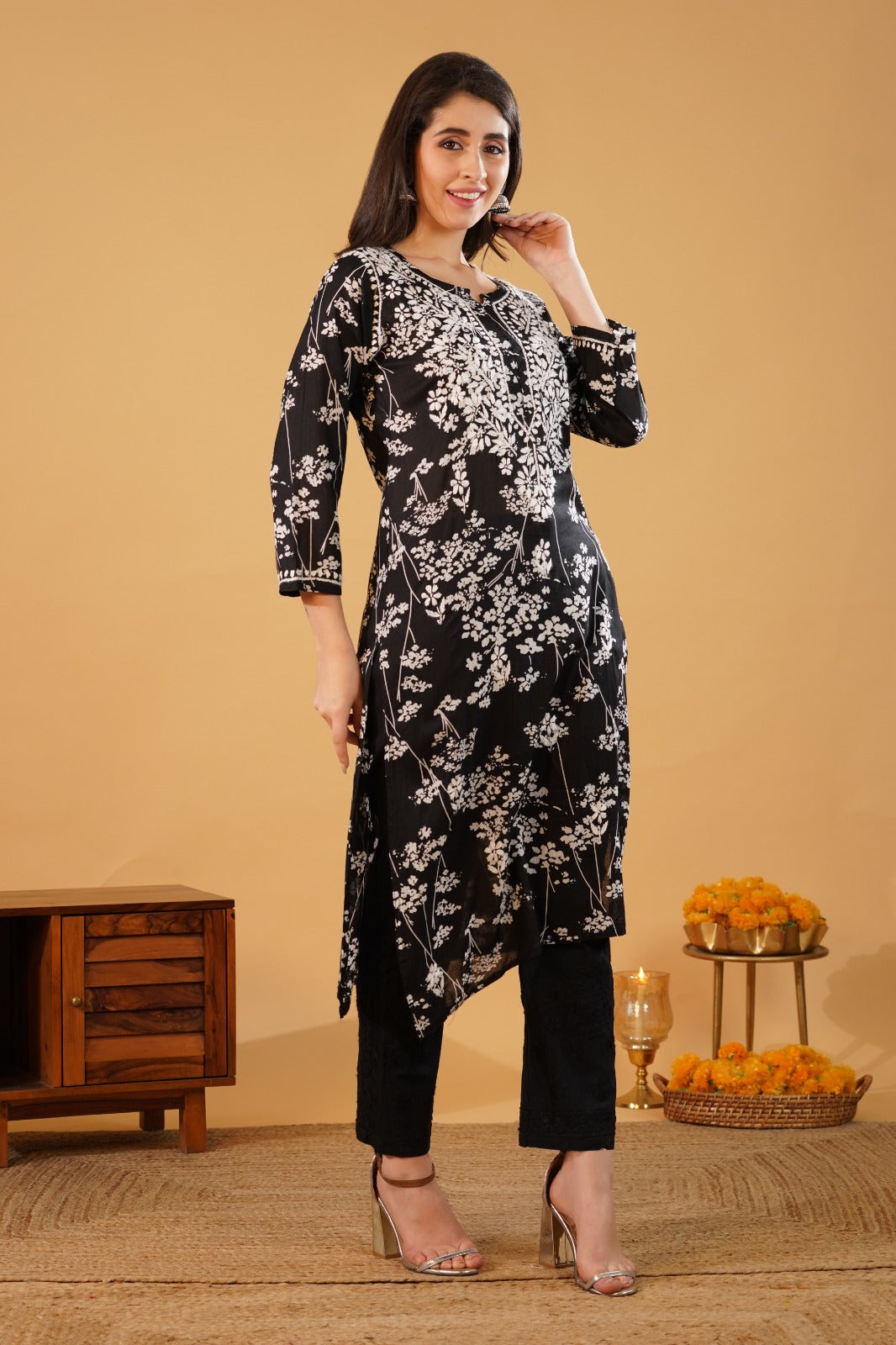 Sidra Pure Mulmul Chikankari Handwork Kurti - Black Colour