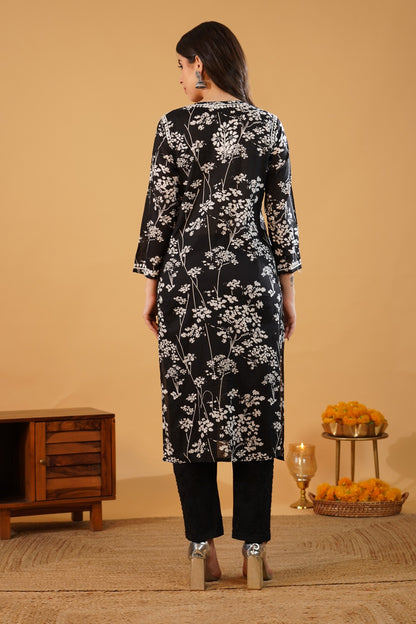 Sidra Pure Mulmul Chikankari Handwork Kurti - Black Colour