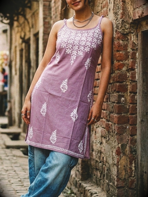 Safa Rayon Chikankari Noodle Strap Short Kurti -  Mauve colour (Length - 38")