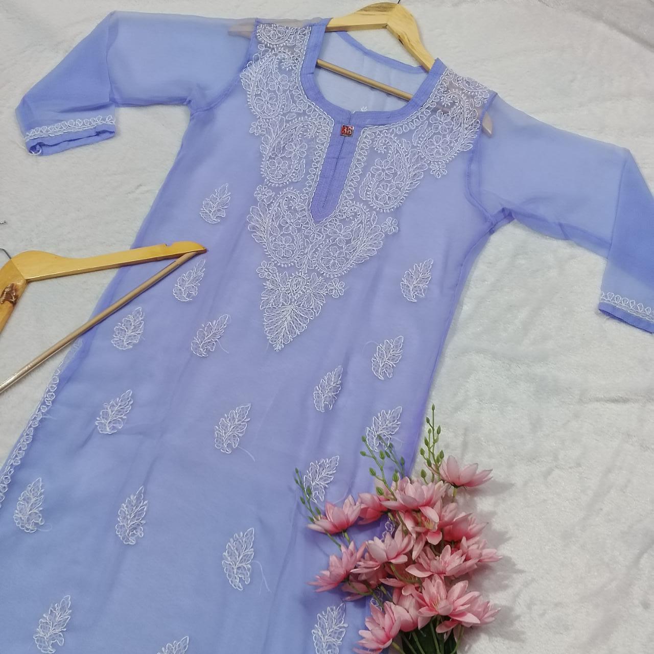 PURE CHIKANKARI GEORGETTE KURTI WITH INNER PURPLE COLOUR - chikankaar