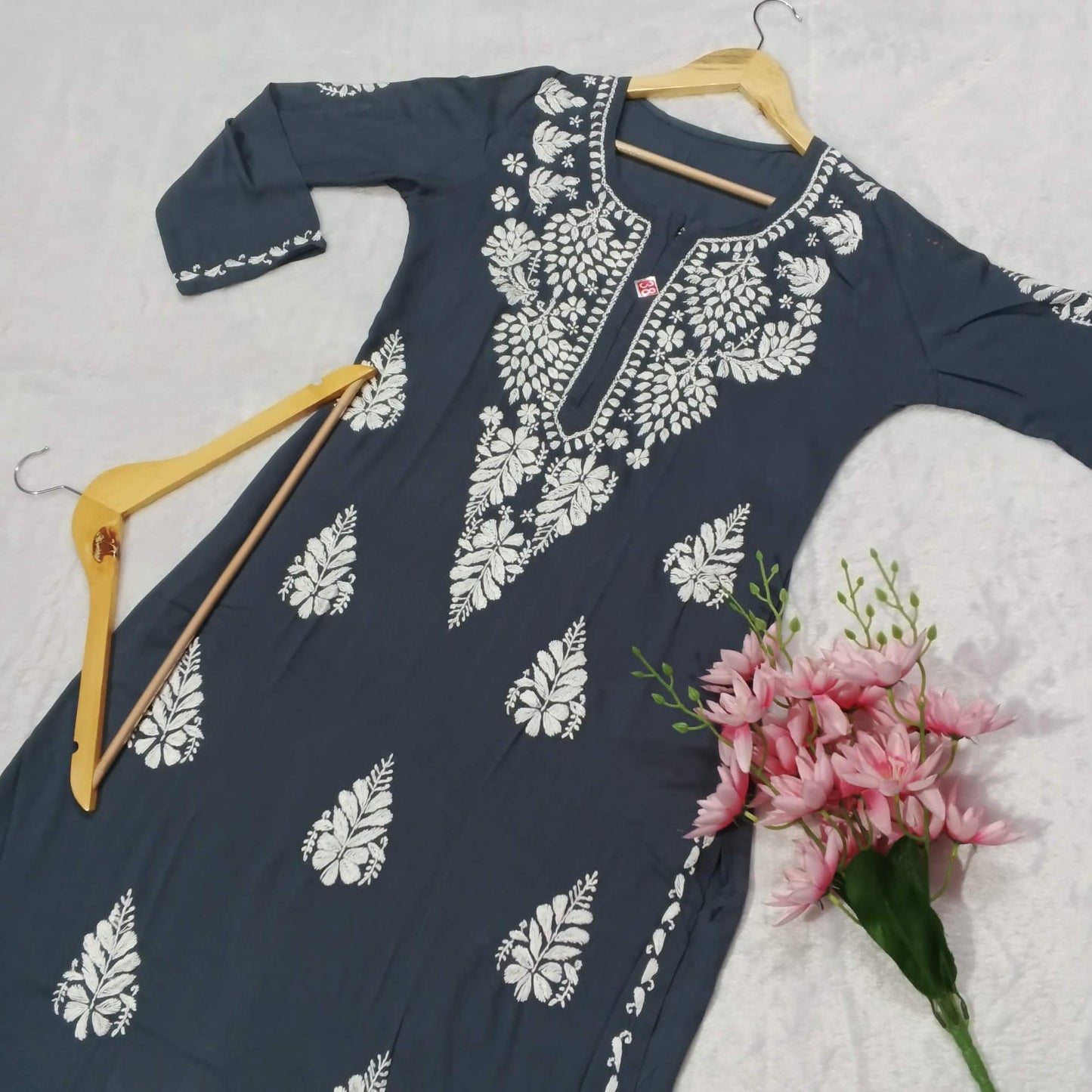 PURE MODAL CHIKANKARI KURTI - GREY COLOR - chikankaar