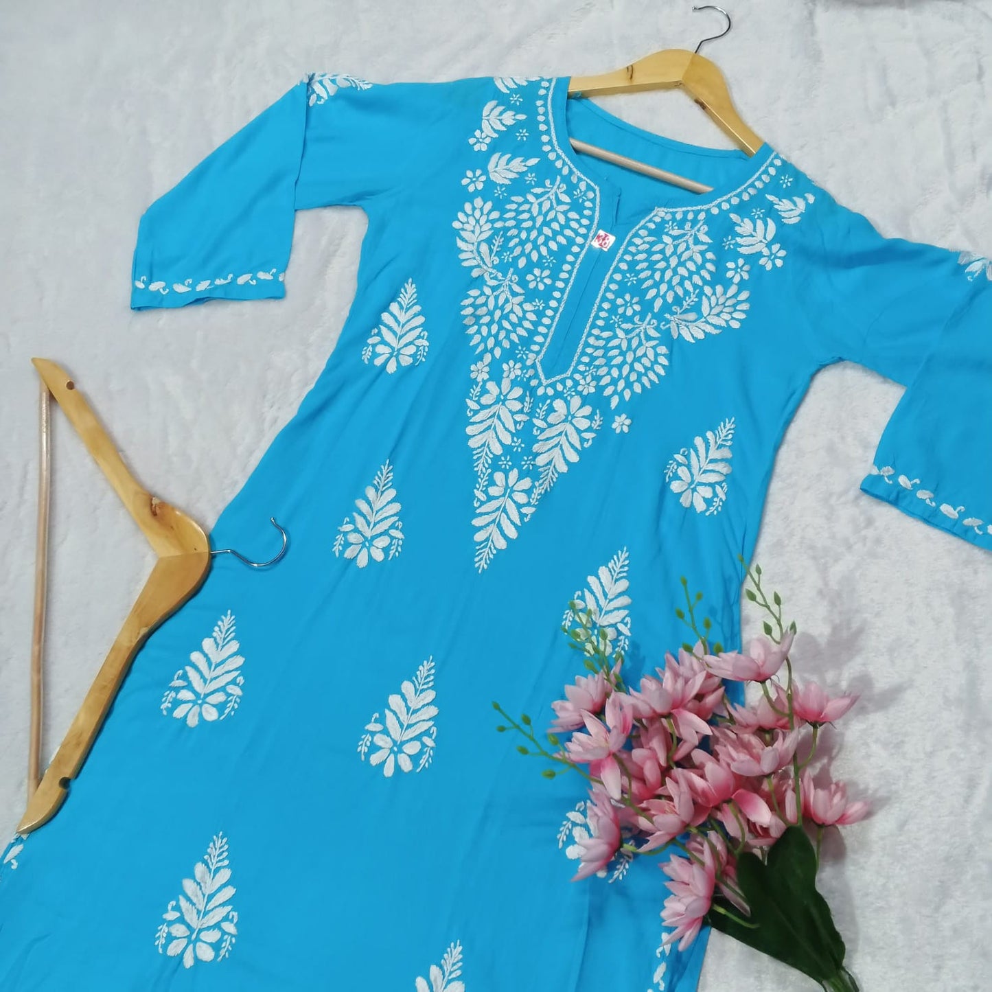 PURE MODAL CHIKANKARI KURTI - SKY BLUE COLOR - chikankaar