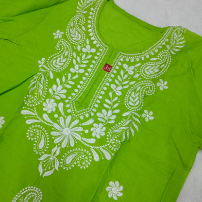 Cotton Machine Work Chikankari Kurti- Parrot Green Colour