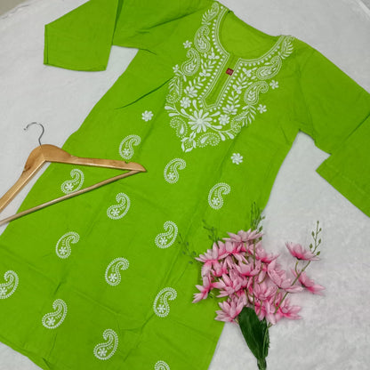 Cotton Machine Work Chikankari Kurti- Parrot Green Colour