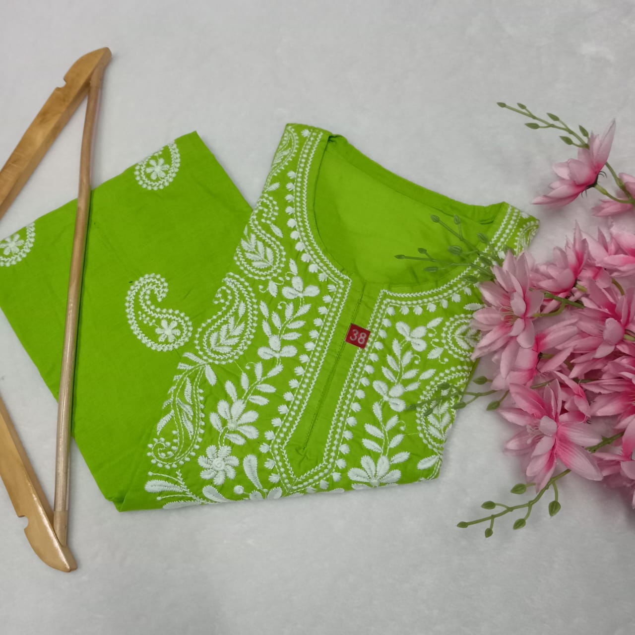 Cotton Machine Work Chikankari Kurti- Parrot Green Colour