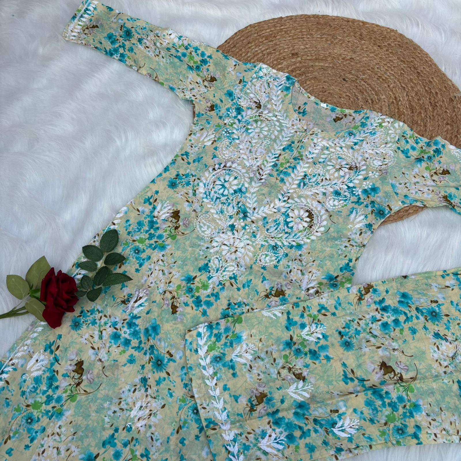 Maira Mulmul Cotton Chikankari Kurti Set - Sea Green Colour - Chikankaar