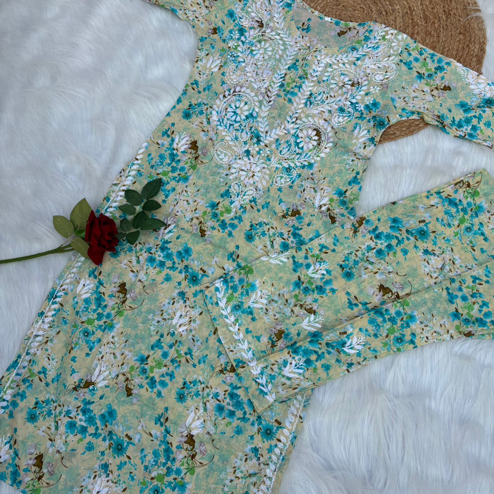Maira Mulmul Cotton Chikankari Kurti Set - Sea Green Colour - Chikankaar