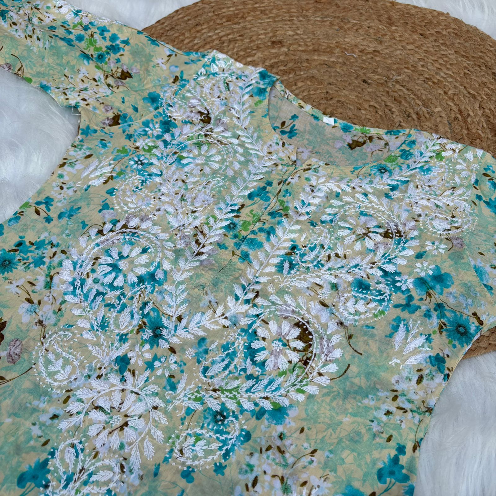 Maira Mulmul Cotton Chikankari Kurti Set - Sea Green Colour - Chikankaar