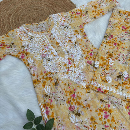 Maira Mulmul Cotton Chikankari Kurti Set - Yellow Colour - Chikankaar