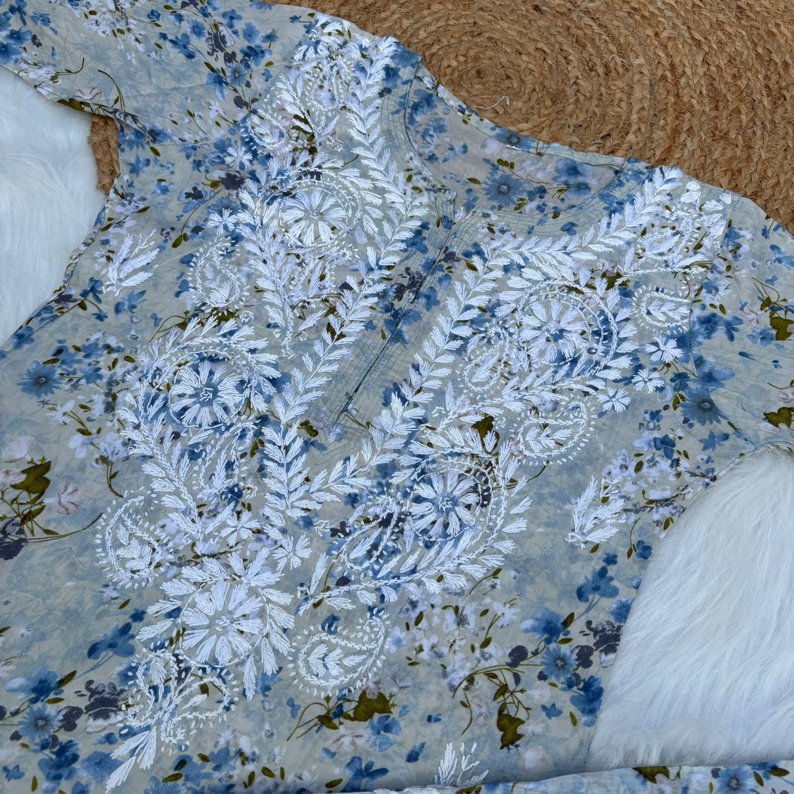 Maira Mulmul Cotton Chikankari Kurti Set - Blue Colour - Chikankaar