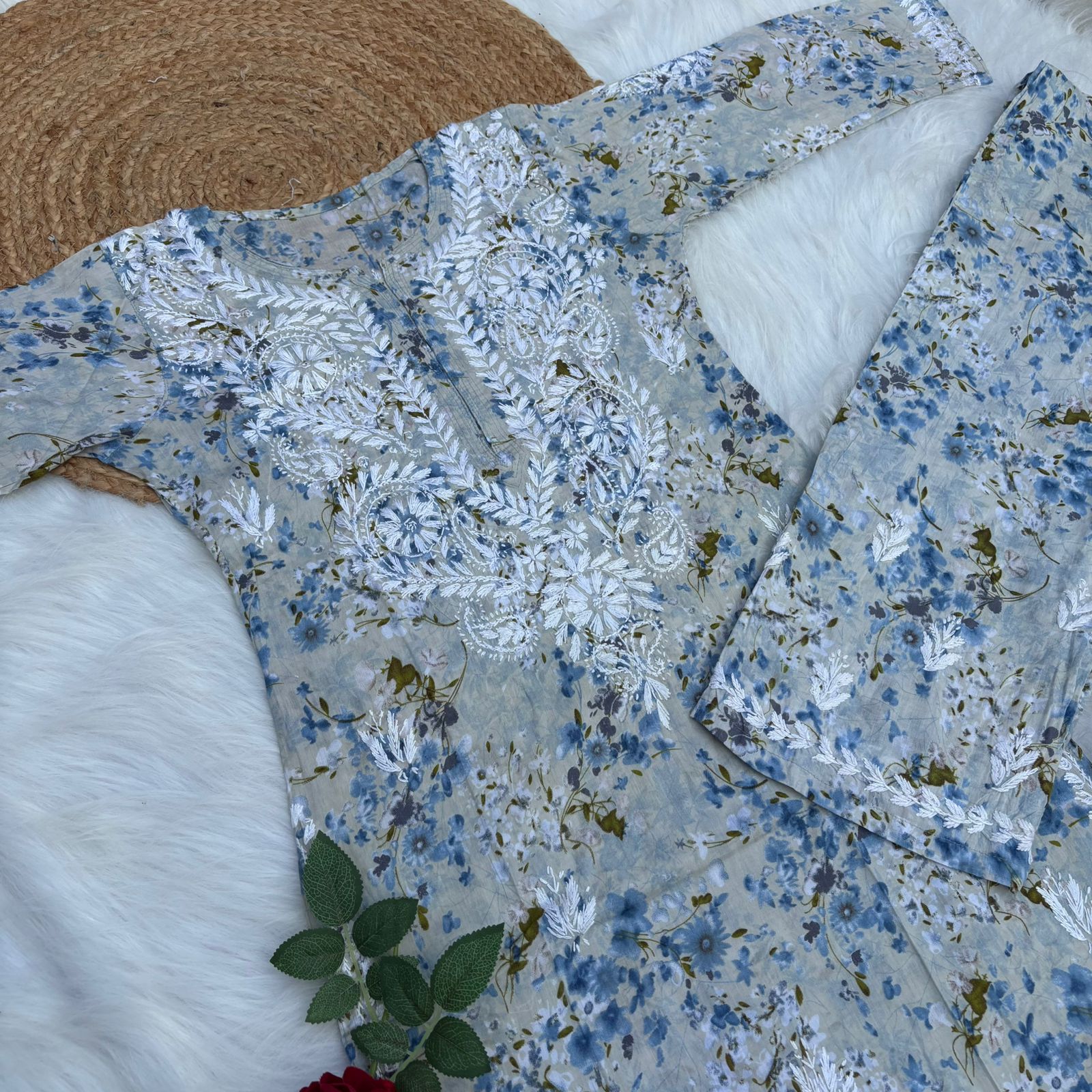 Maira Mulmul Cotton Chikankari Kurti Set - Blue Colour - Chikankaar