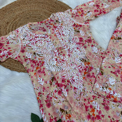 Maira Mulmul Cotton Chikankari Kurti Set - Red Colour - Chikankaar