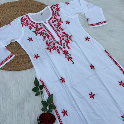 Shraddha Kapoor Inspired Pure Cotton Chikankari Kurti - Gazri Colour - Chikankaar