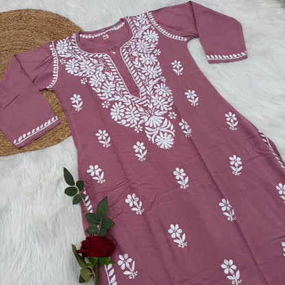 Hiba Soft Rayon Chikankari Kurti - Blush Colour - Chikankaar