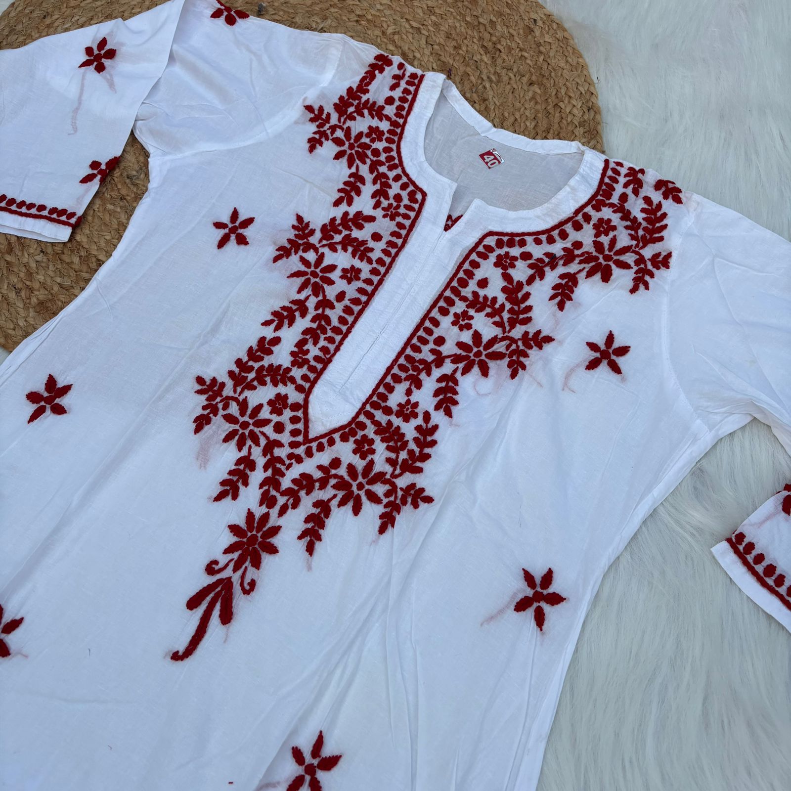 Shraddha Kapoor Inspired Pure Cotton Chikankari Kurti - Red Colour - Chikankaar