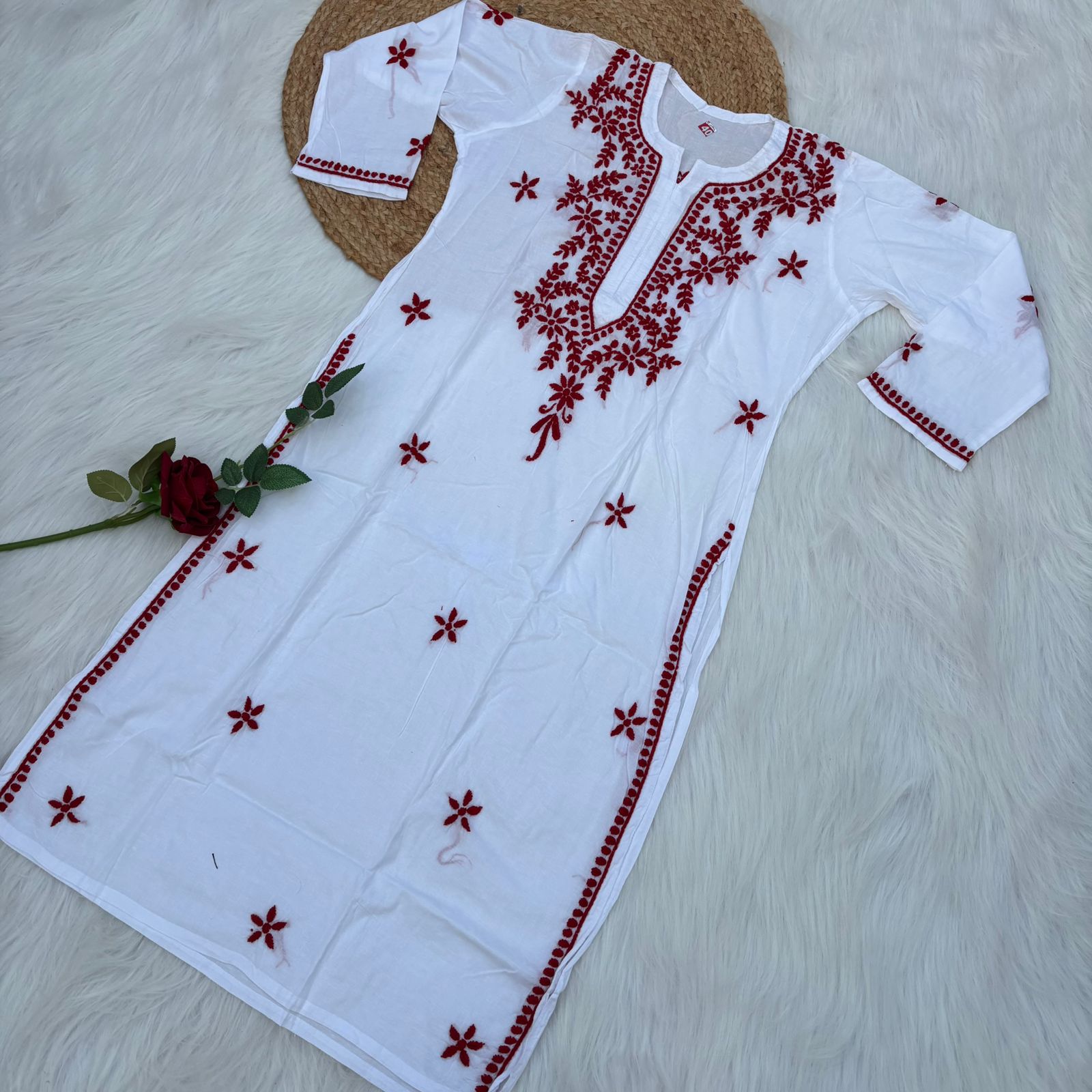 Shraddha Kapoor Inspired Pure Cotton Chikankari Kurti - Red Colour - Chikankaar