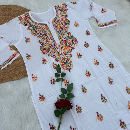 Nadia Pure Cotton Multi threaded Chikankari Kurti - White Colour - Chikankaar