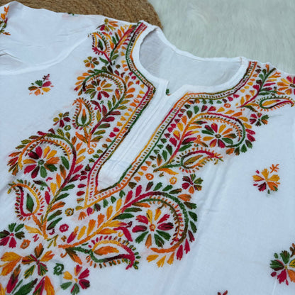 Nadia Pure Cotton Multi threaded Chikankari Kurti - White Colour - Chikankaar