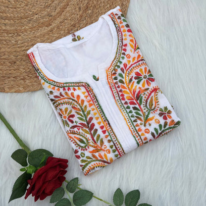 Nadia Pure Cotton Multi threaded Chikankari Kurti - White Colour - Chikankaar