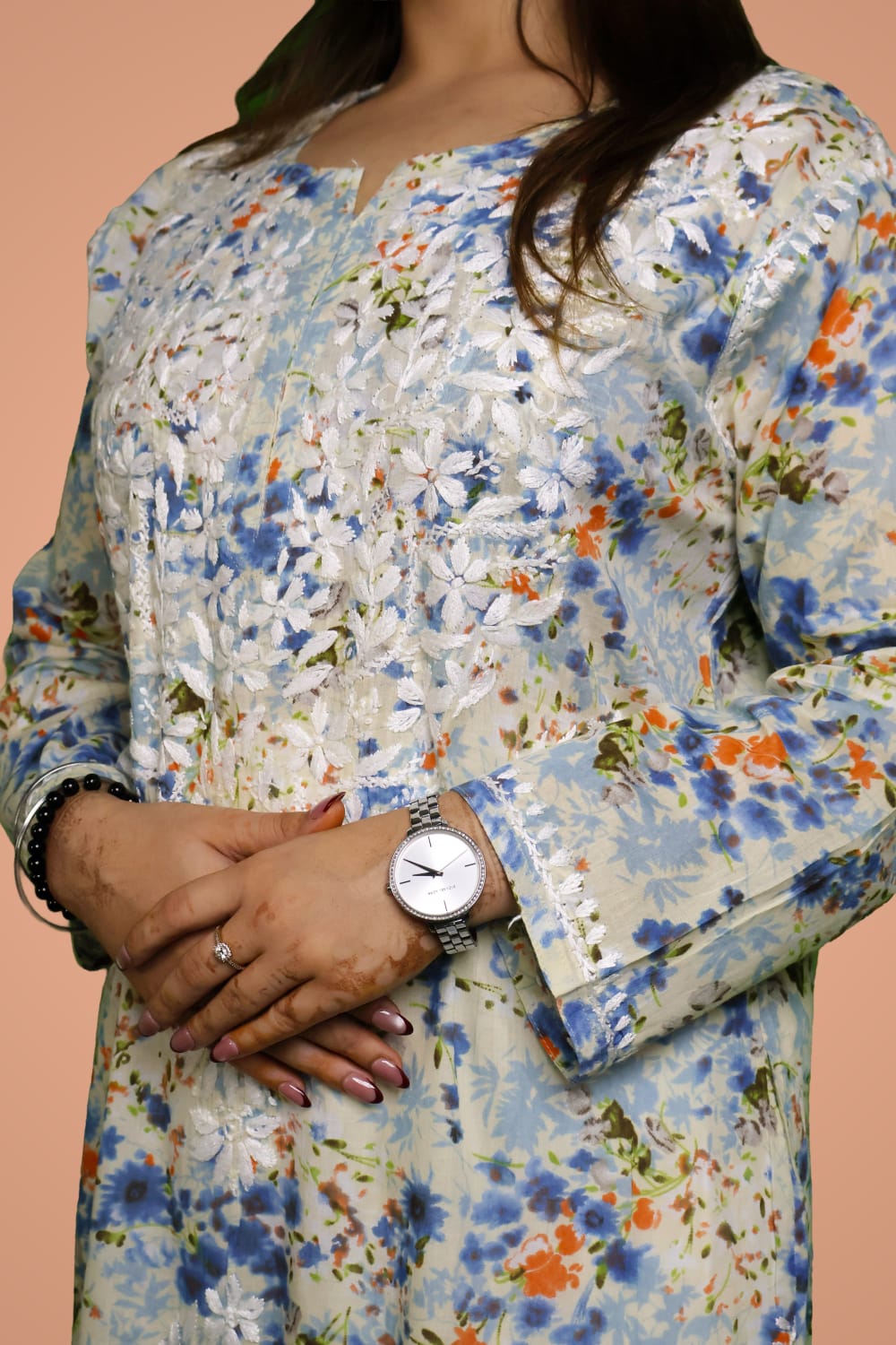 Fatima Pure Mulmul Chikankari  Handwork Kurti - Blue Colour