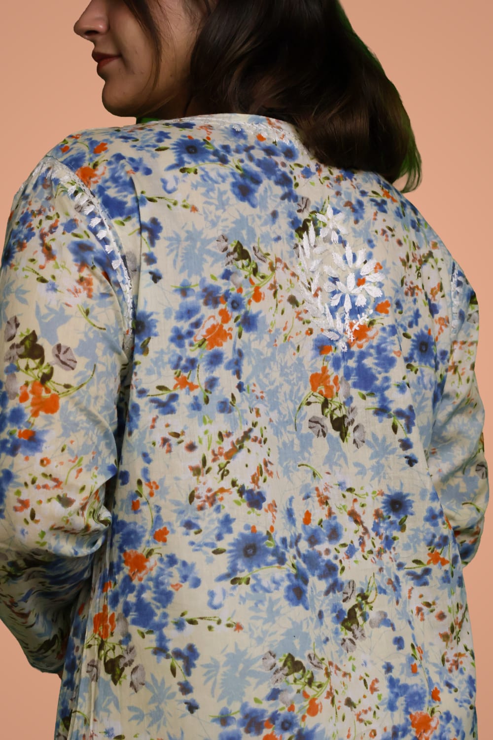 Fatima Pure Mulmul Chikankari  Handwork Kurti - Blue Colour