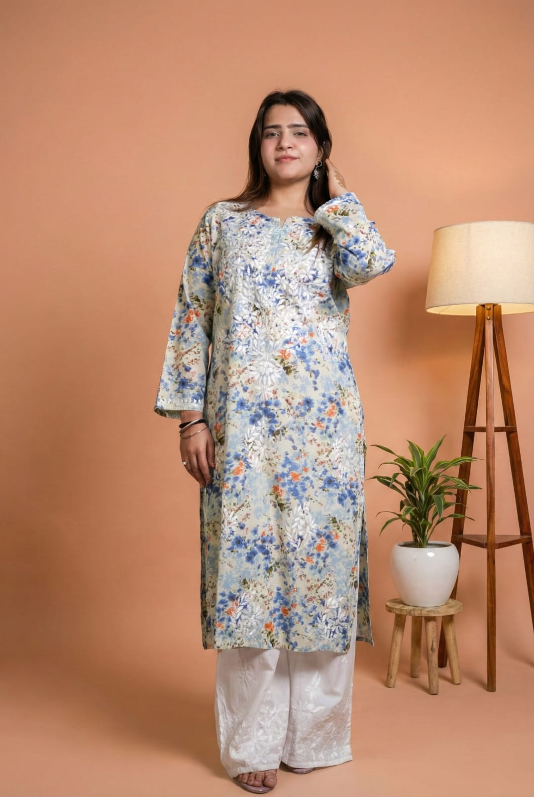 Fatima Pure Mulmul Chikankari  Handwork Kurti - Blue Colour