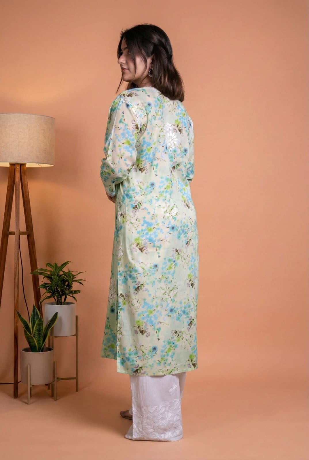 Fatima Pure Mulmul Chikankari  Handwork Kurti - Sea Green Colour