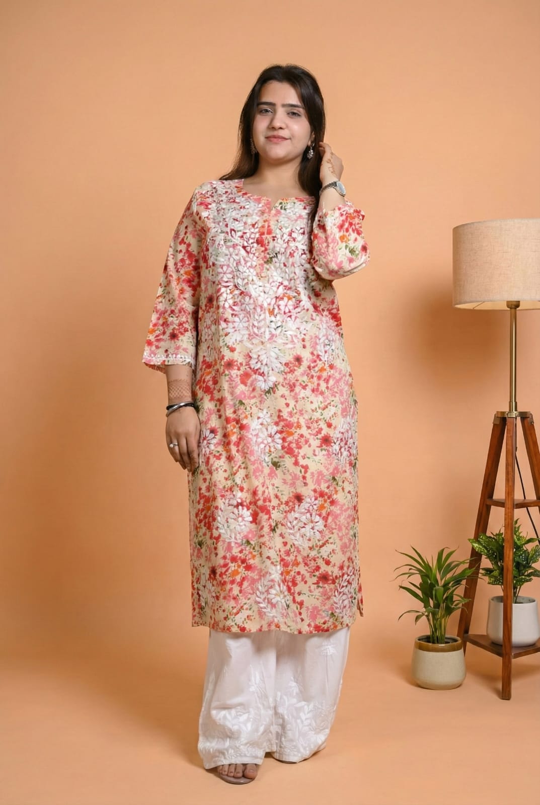 Fatima Pure Mulmul Chikankari  Handwork Kurti - Red Colour