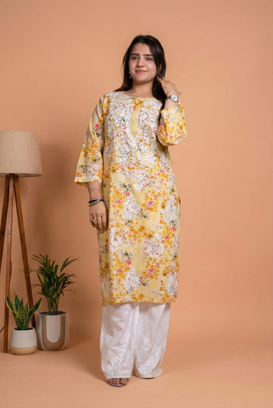 Fatima Pure Mulmul Chikankari  Handwork Kurti - Yellow Colour