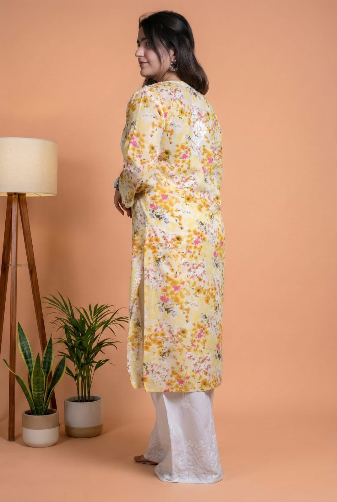 Fatima Pure Mulmul Chikankari  Handwork Kurti - Yellow Colour