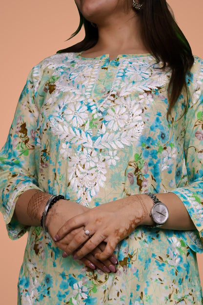 Nura Pure Mulmul Cotton Short Kurti - Sea Green Colour