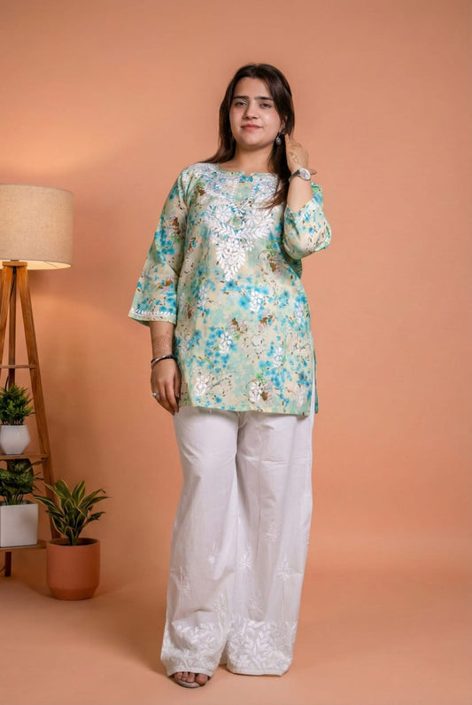 Nura Pure Mulmul Cotton Short Kurti - Sea Green Colour