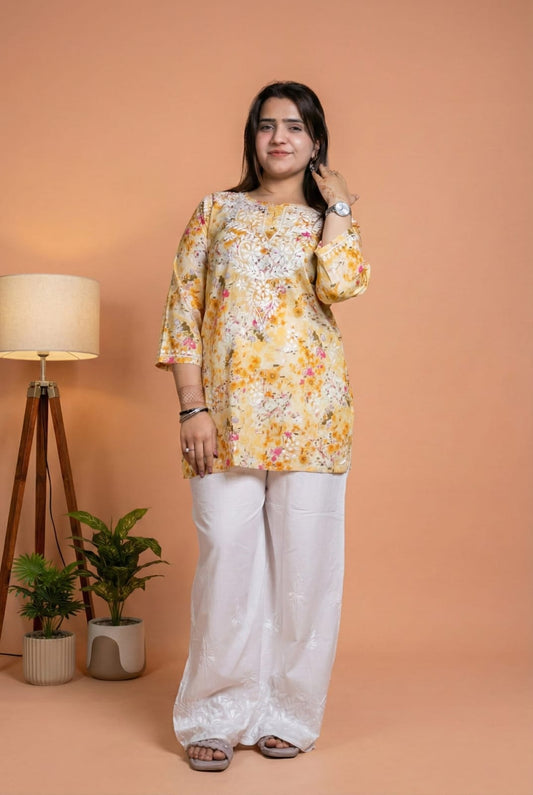 Nura Pure Mulmul Cotton Short Kurti - Yellow Colour