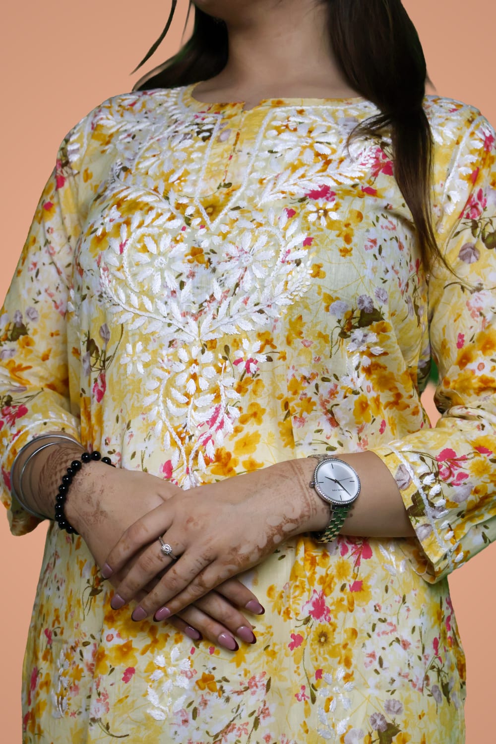Nura Pure Mulmul Cotton Short Kurti - Yellow Colour