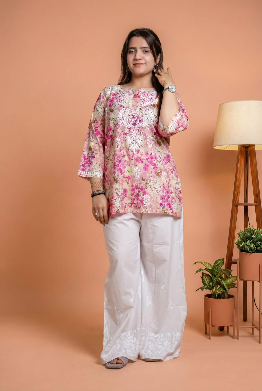 Nura Pure Mulmul Cotton Short Kurti - Pink Colour