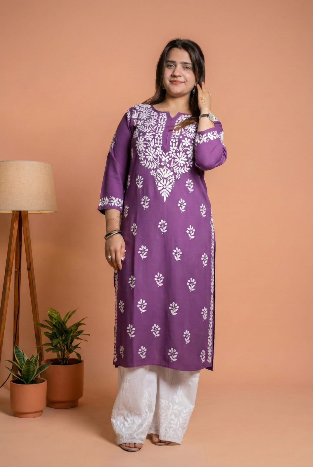 Sakina Rayon Chikankari Kurti Set - Wine Colour