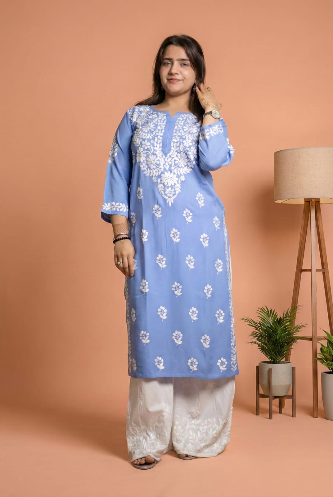 Maysa Soft Rayon Chikankari Kurti - Blue Colour