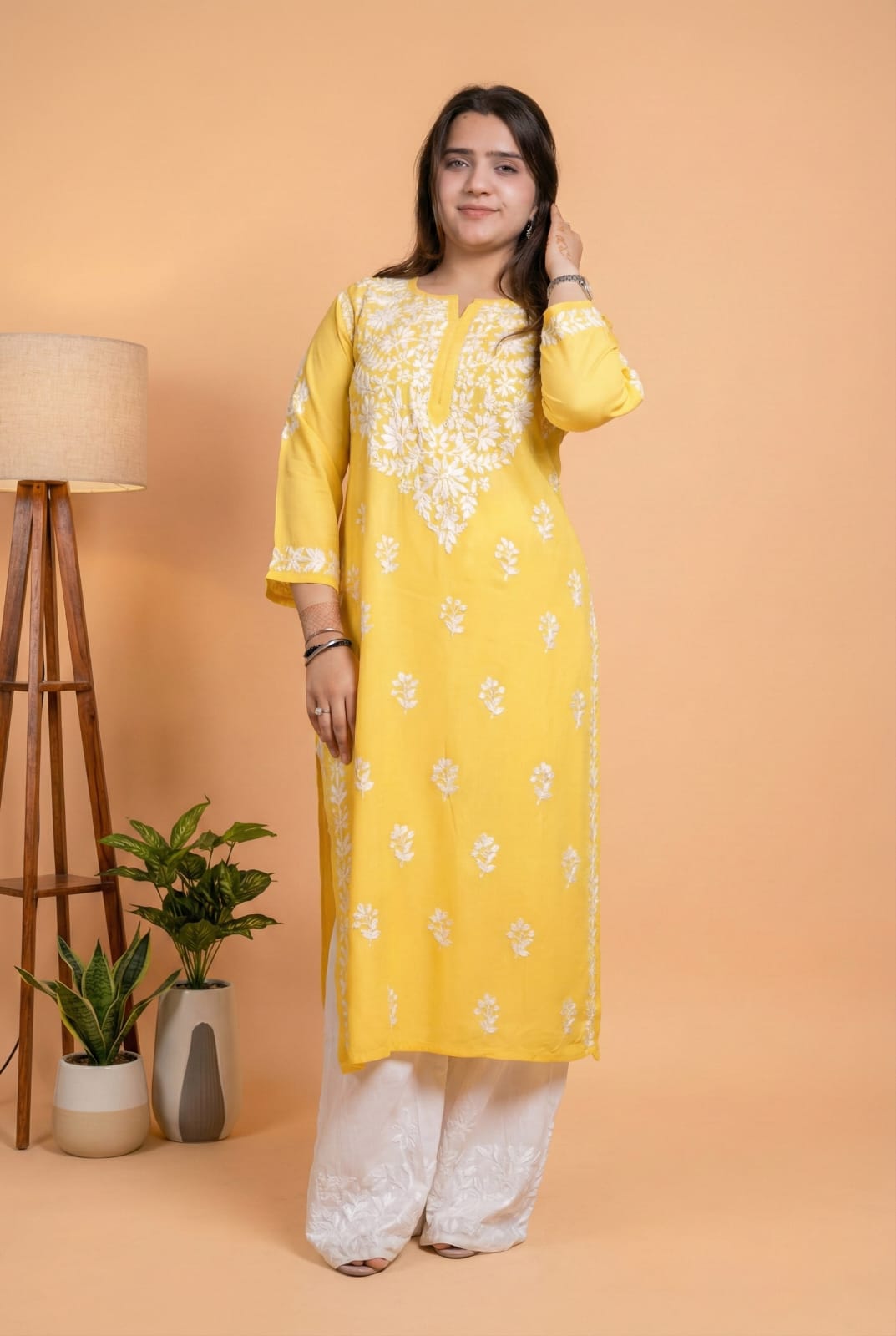 Maysa Soft Rayon Chikankari Kurti - Yellow Colour