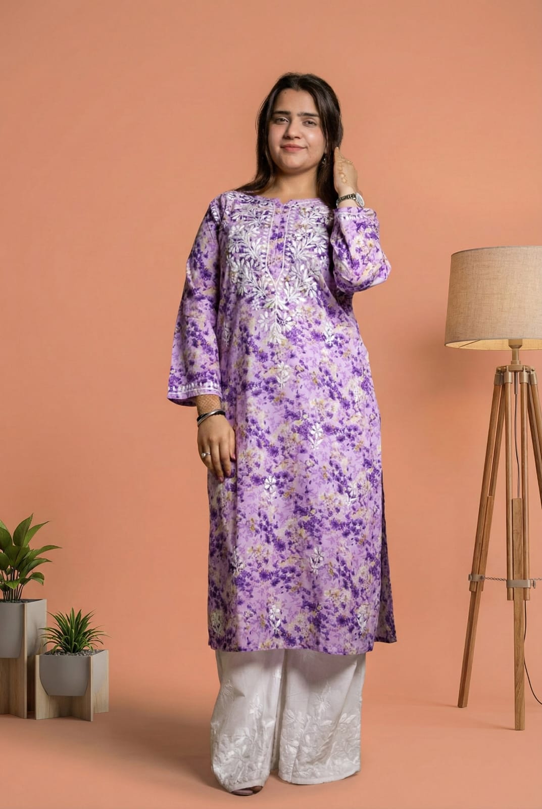 Rania Pure Mulmul Chikankari Handwork Kurti - Purple Colour