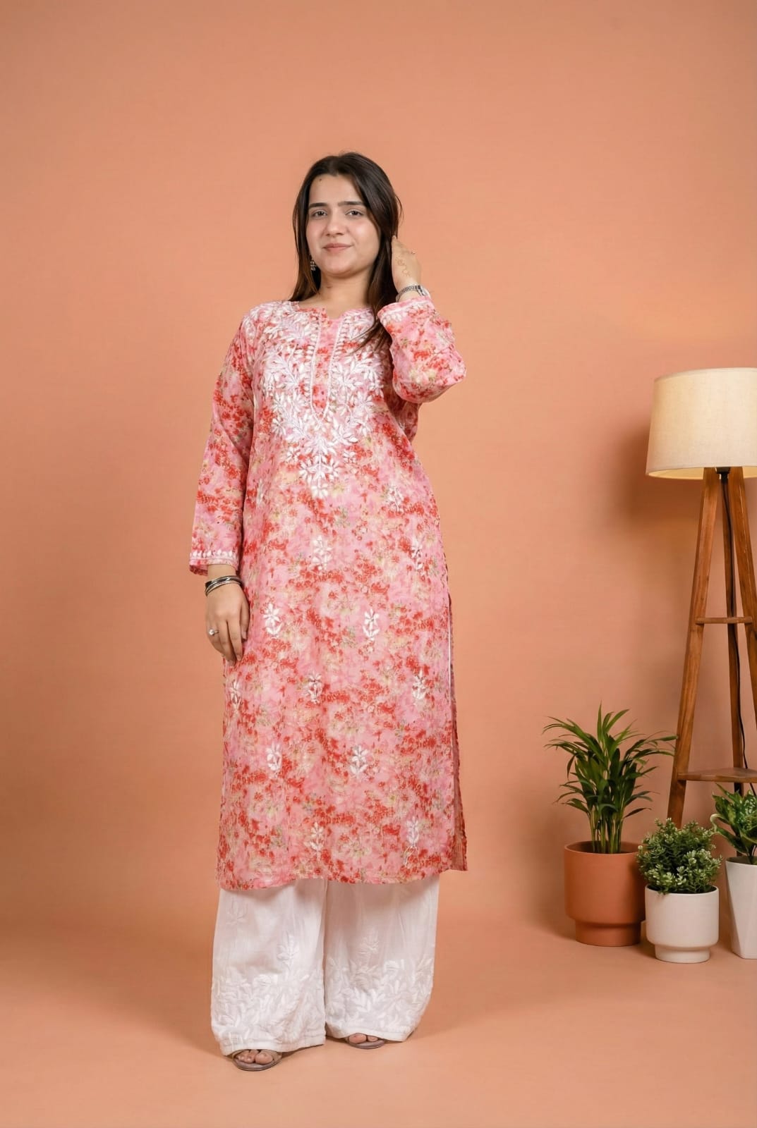 Rania Pure Mulmul Chikankari Handwork Kurti - Pink Colour