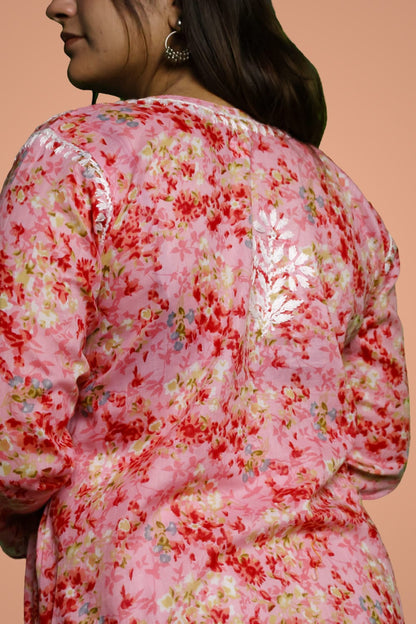 Rania Pure Mulmul Chikankari Handwork Kurti - Pink Colour