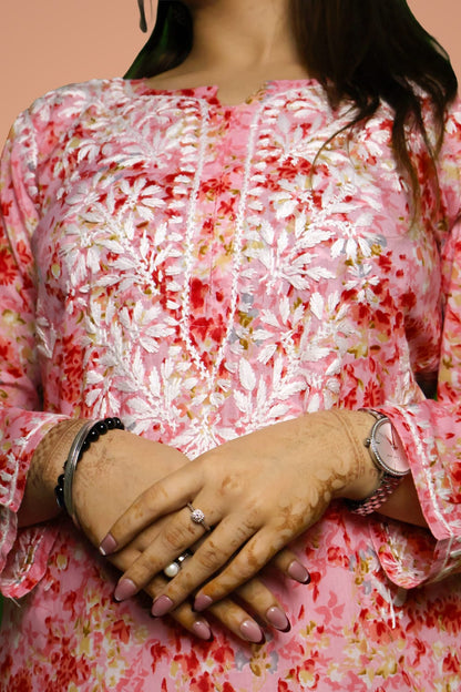 Rania Pure Mulmul Chikankari Handwork Kurti - Pink Colour