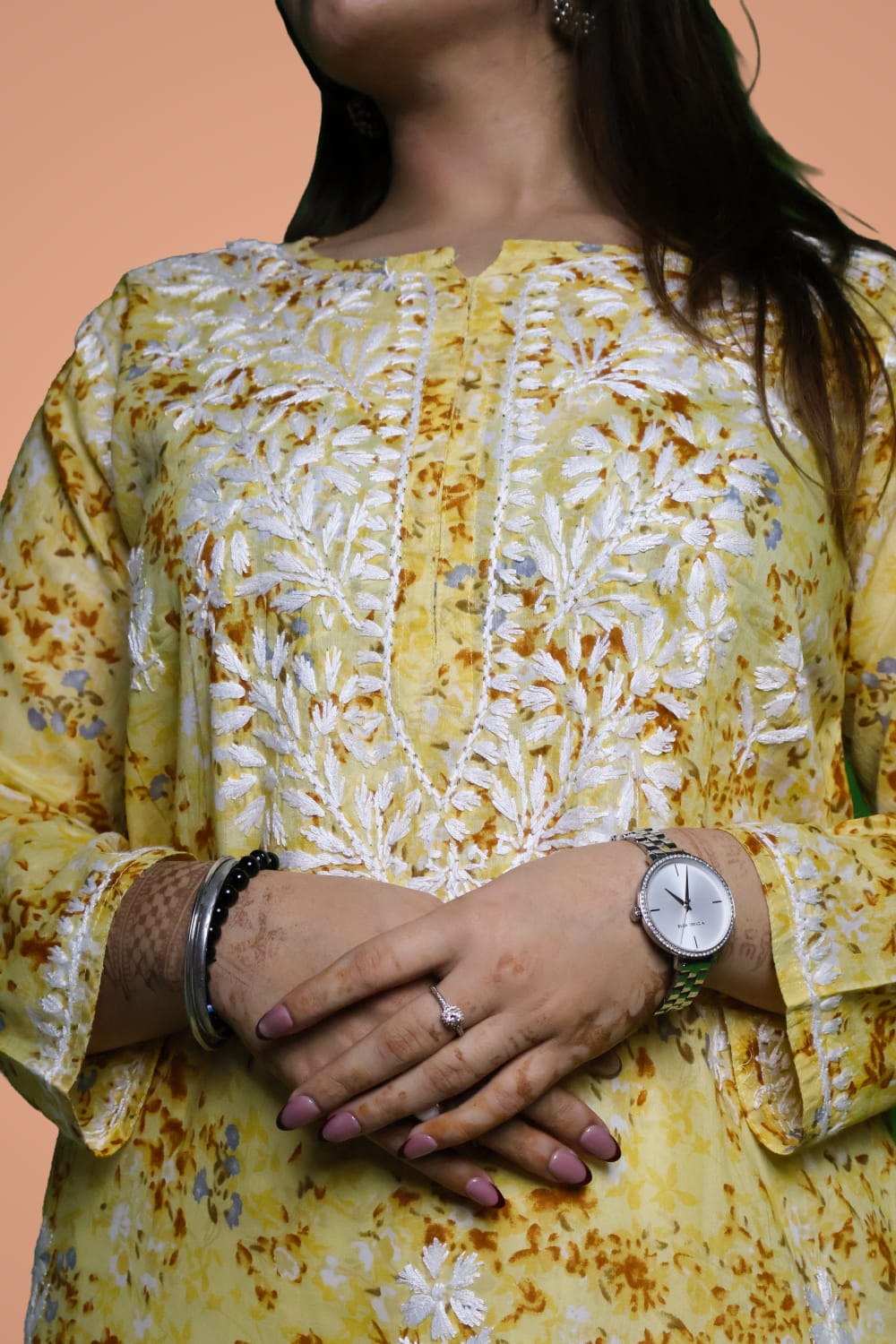 Rania Pure Mulmul Chikankari Handwork Kurti - Yellow Colour
